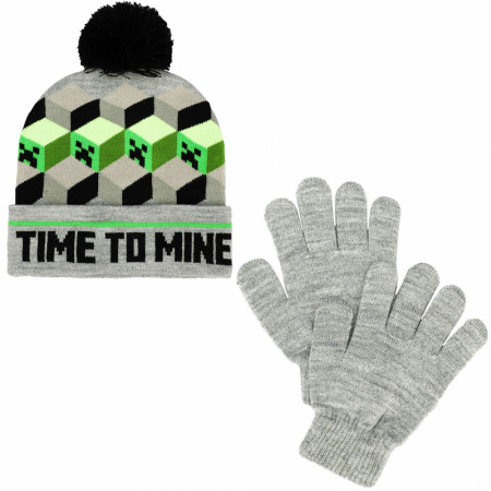 Minecraft Time To Mine Youth Pom Beanie & Gloves 2-Piece Winter Combo